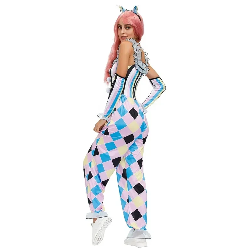 Hn8 nova chegada adulto palhaço de circo quinn mel coringa traje festa de halloween horror fantasmas cosplay macacão 8... gf