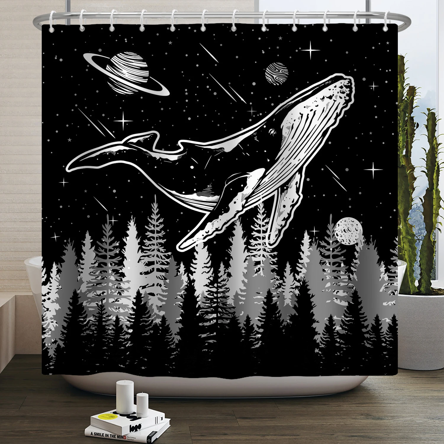 

Funny Shower Curtains Black and White Whale Planets Astronaut Forest Children Home Decor Polyester Fabric Bathroom Curtains