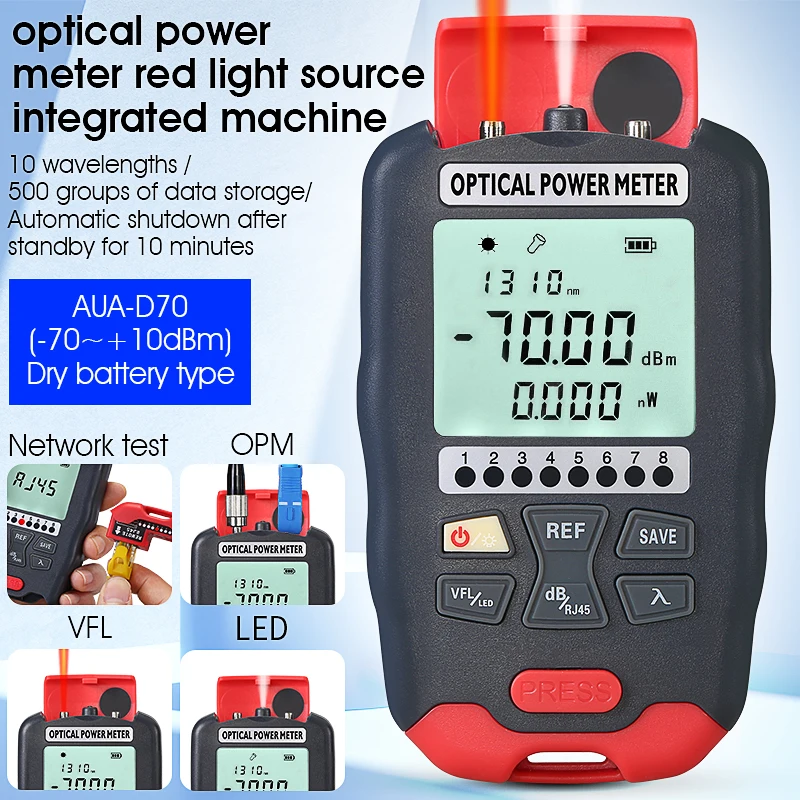 

COMPTYCO AUA-D70 Универсальный мини-измеритель оптической мощности (-70 до +10 дБм OPM), визуальный локатор неисправностей (1~50 мВт VFL), тестер оптоволокна FTTH