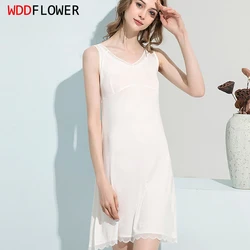 Women Sleep Dress Mulberry Silk Blend Knit Silk Solid Color Lace V-neck Full Slip Sleepwear Nightgown M L XL TA260