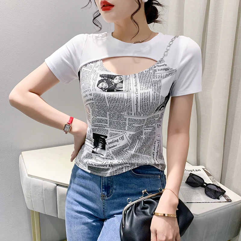 

2023 New Summer Korean Clothes Cotton T-Shirt Chic Sexy O-Neck Hollow Out Chain Print Letter Women Tops Short Sleeve Tees 34083