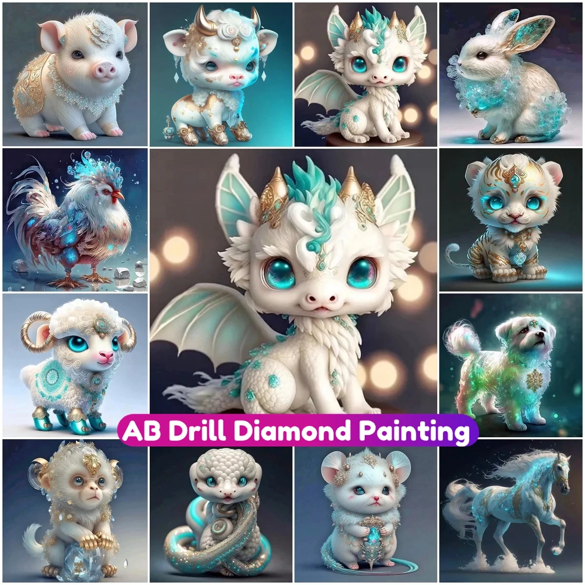 

AB Diamond Painting Chinese Zodiac Animals Cross Stitch Kit 5D DIY Mosaic Embroidery Handmade Craft Rhinestones Kid Gift