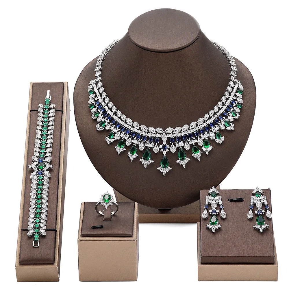 Statement CZ Crystal Bridal Cubic Zirconia Jewelry Sets 4 Pieces Set Wedding Party Necklace Earring Bracelet Ring Christmas Gift