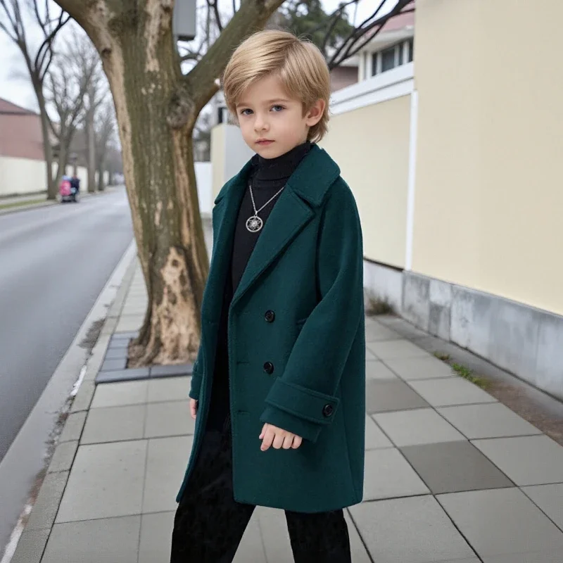 Thick Padded Wool Boys Mid Long Overcoat Lapel Double Breasted Windproof Winter Kids Casual Formal Outerwear for 2-14Y Teen Boy