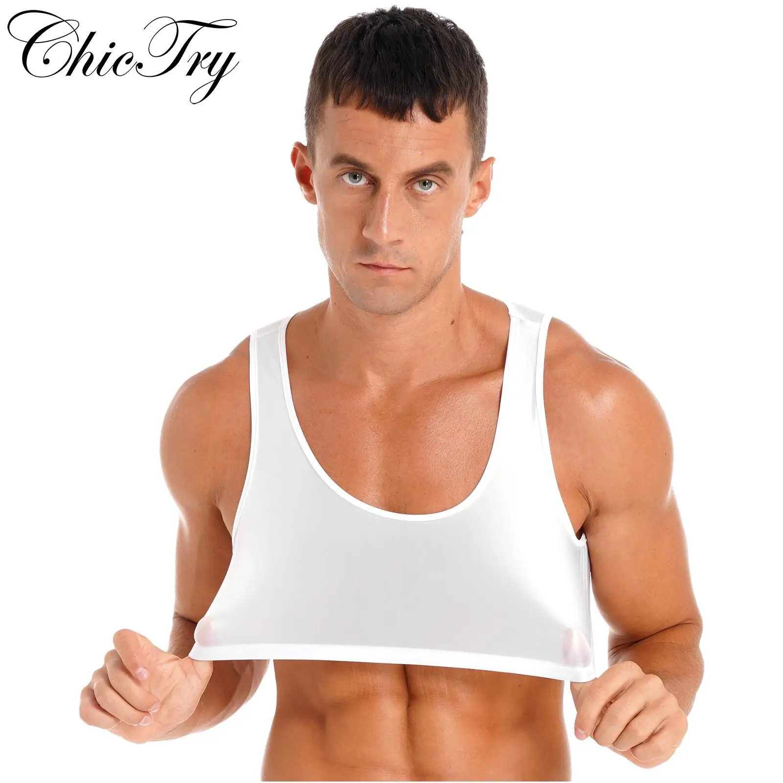 Mens Glossy Crop Tops Sleeveless Solid Color Tanks Sports Yoga Gymnastics Workout Fitness Exercise Vest Tops Beachwear Swimwear