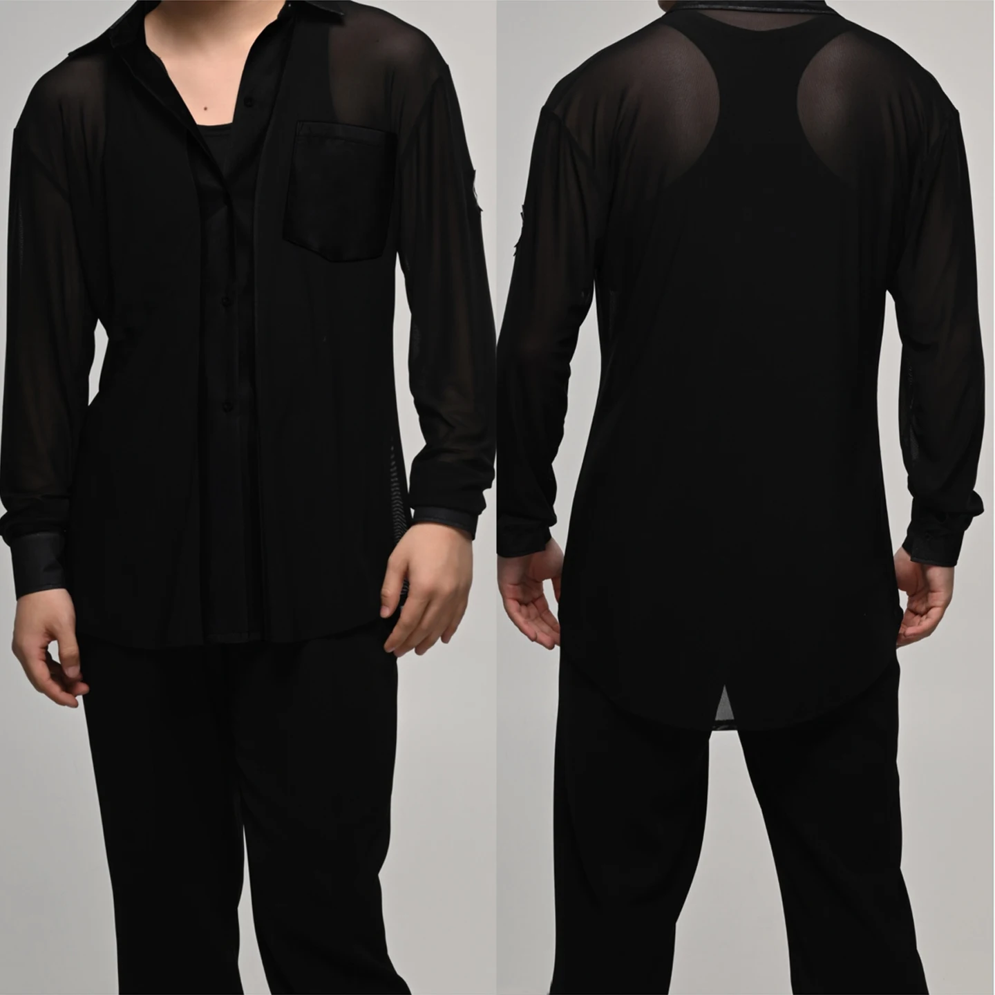 Chemise de danse latine en maille marron noir pour hommes, Rumba Samba Cha Cha, hauts d'entraînement de danse de salle de bal, vêtements de danse latine pour hommes adultes DNV23744