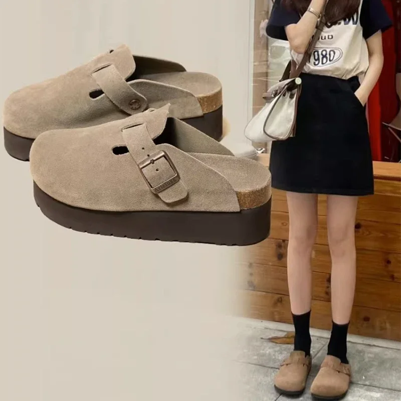 Chinelos de camurça feminina plataforma apartamentos boston tamancos sandálias moda ao ar livre deslizamento na praia sandalias zapatillas mujer