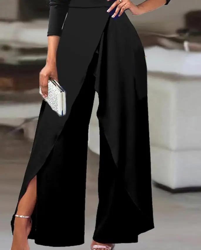 Women's wide leg jumpsuit 2024 spring/summer casual minimalist long sleeved pleated cold shoulder slit wide leg jumpsuit