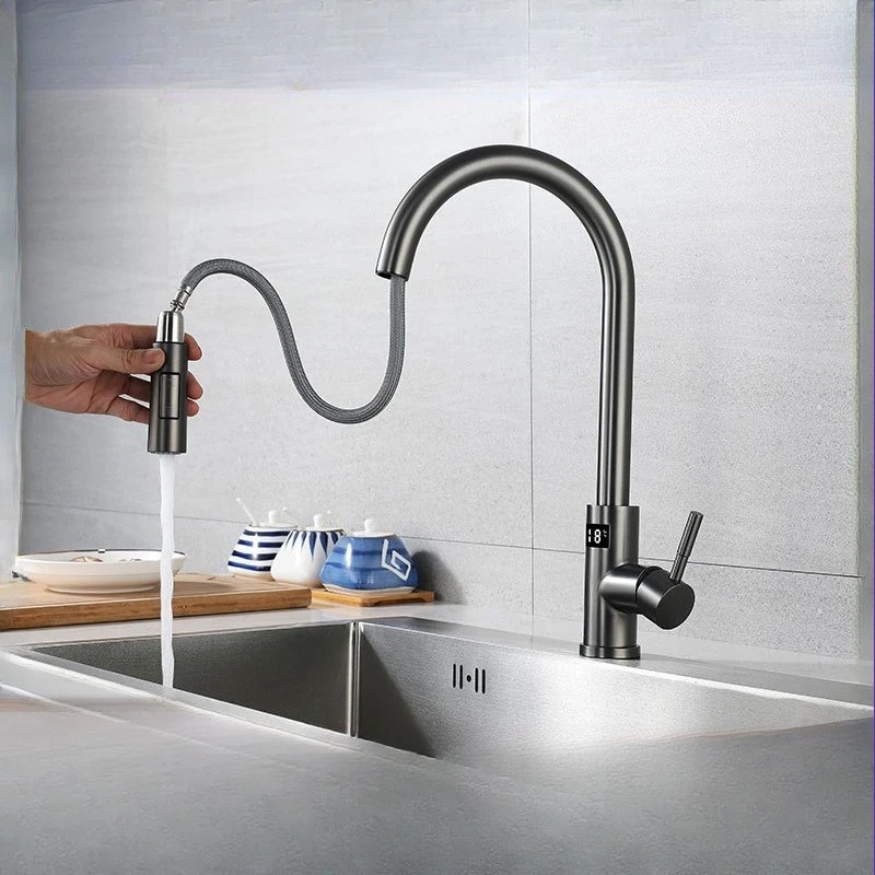 

Grey large bend with digital display stainless steel hot and cold rotating pumping vegetable basin sink kitchen mixing faucet