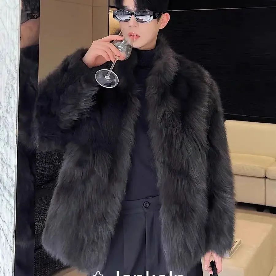 2024 Winter Men New Faux Fur Men's Coat Thickened Fox Sable Solid Black   One Piece   Wear Jackets A215