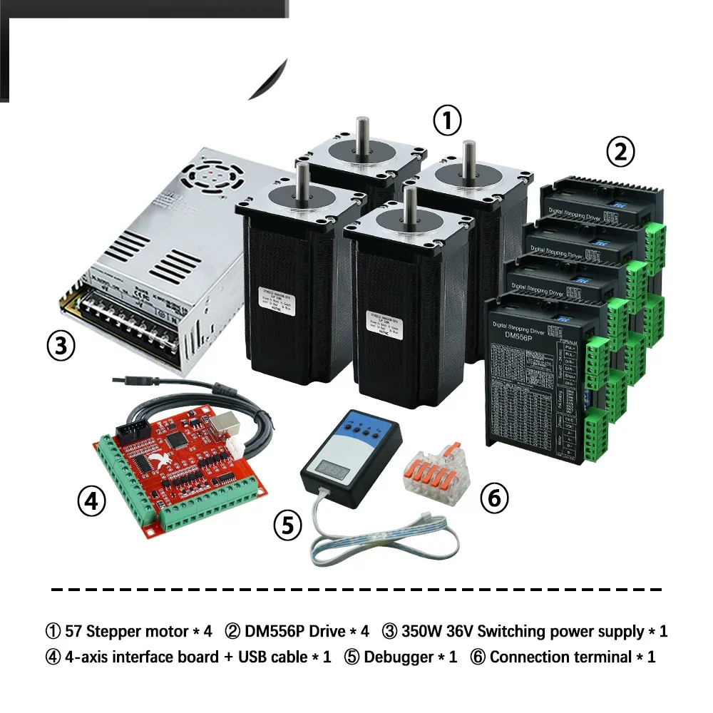 Sales Nema 23 Stepper Motor Kit 4Axis 1.2/2/2.2/2.5/3Nm +4pcs DM556P Driver +350W 36V Power Supply+Interface Board +Debugger