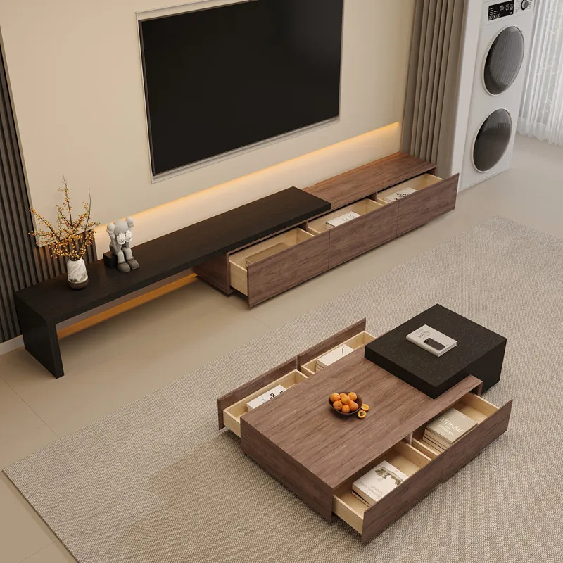 Living Room Furniture TV Cabinet Coffee Table Combination Modern Simple Small Apartment Living Room Walnut Black Solid Wood TV
