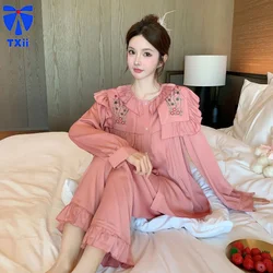 TXii Newlook Palace Style Girl Ice Silk Jacquard Autumn New Pajamas Women's High-end Bow Long-sleeved Home Clothes solid color