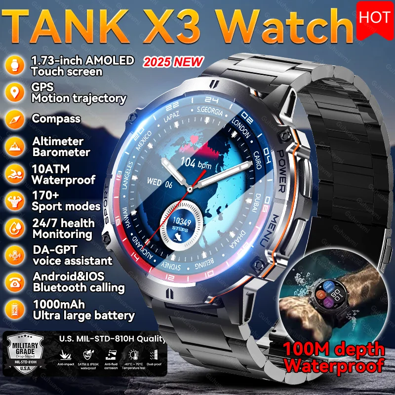 

Новые TANK X3 мужские уличные 100 м глубокие водонепроницаемые умные часы для плавания GPS компас альтиметр 1000 мАч аккумулятор HD BT вызов спортивные умные часы