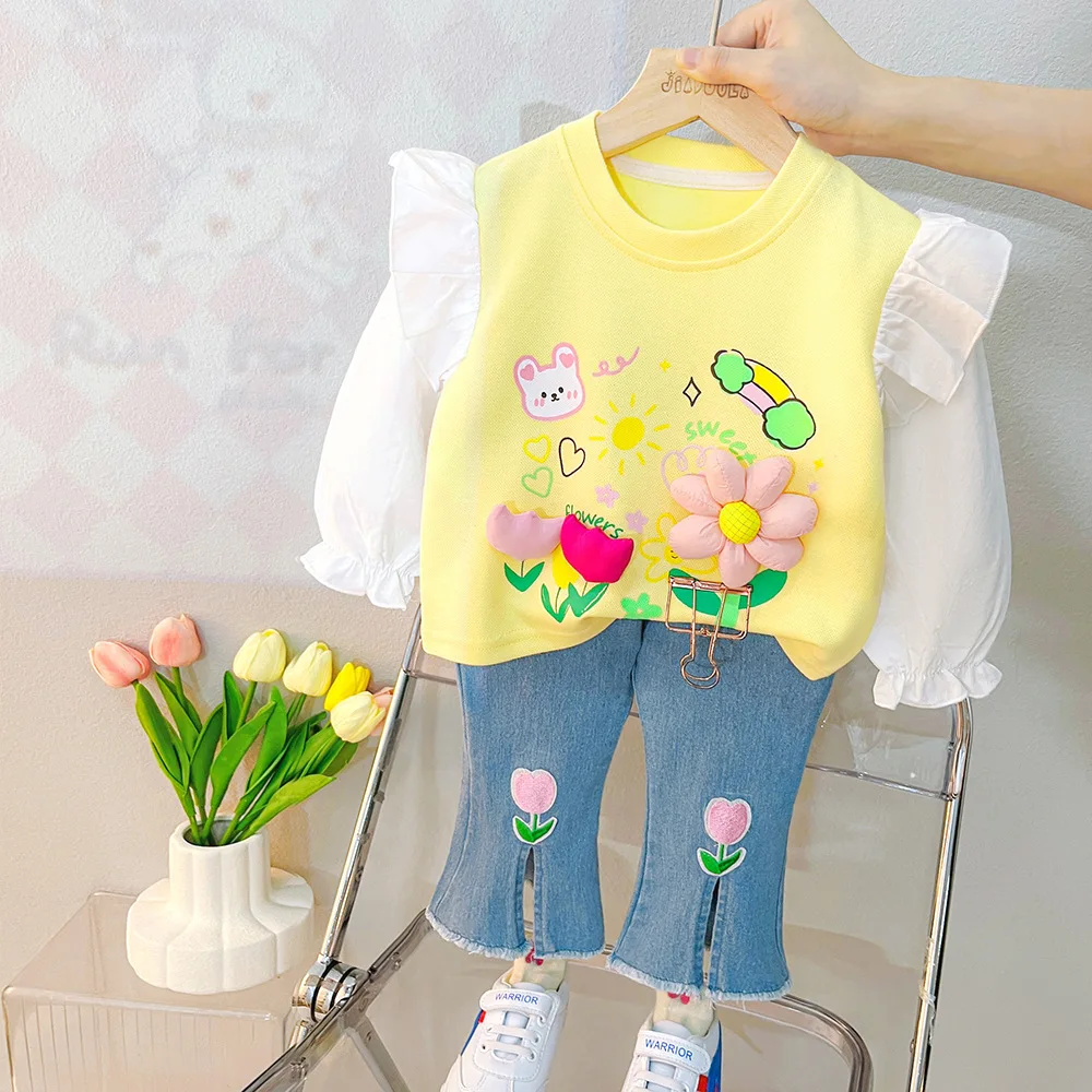

2025 New Baby Girl 2Pcs Sets Sweet Print Flower Cartoon Top + Jeans Pants Toddler 1 2 3 4 5 Years Kids Spring Clothing Suits