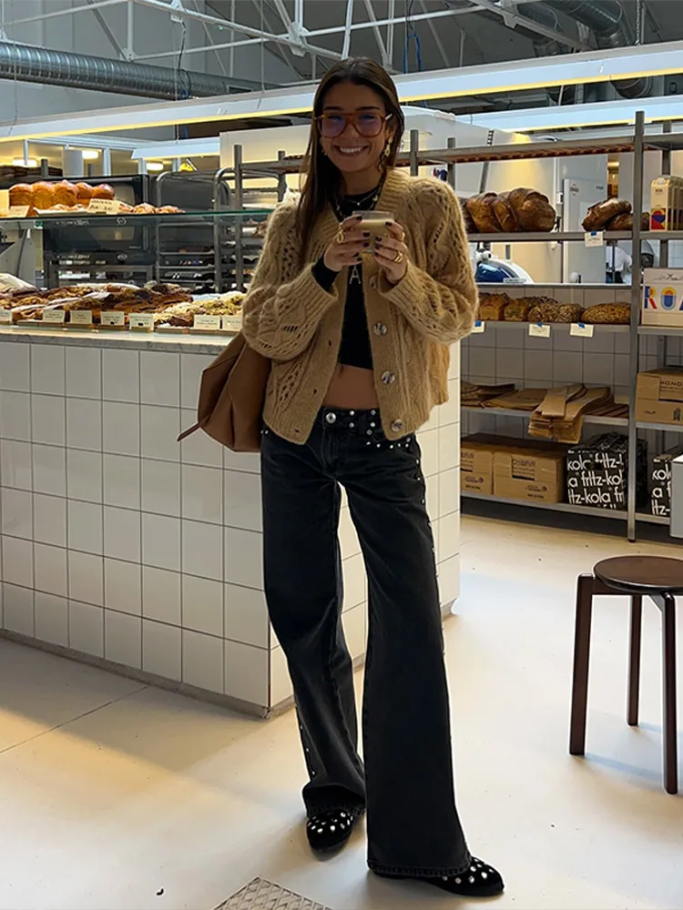 موضة ليوبارد ستار طباعة الجينز المرأة عالية الخصر سستة مستقيم الساق بنطال ذو قصة أرجل واسعة 2025 ربيع جديد أنثى ملابس الشارع الشهير غير رسمية