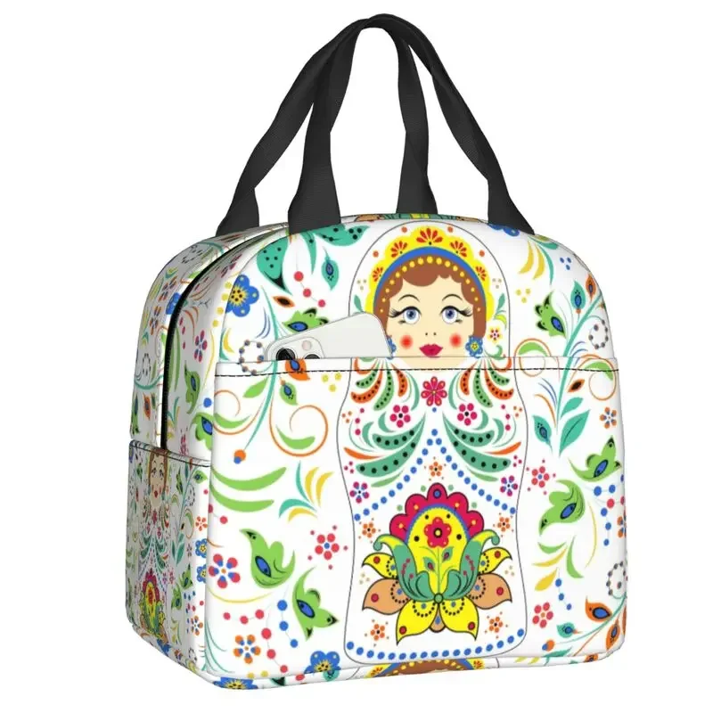 Russia Matryoshka Doll Flowers Lunch Box Women Thermal Cooler Food Insulated Lunch Bag Kids School Children Picnic Tote Bags