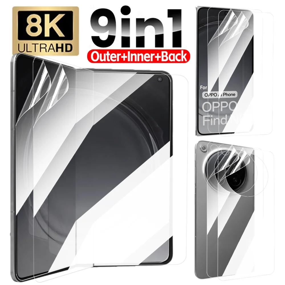 Kit de protection d'écran complet 9-en-1 pour Oppo Find N6 : films hydrogel TPU souples, transparents HD, pour écran extérieur, intérieur et arrière