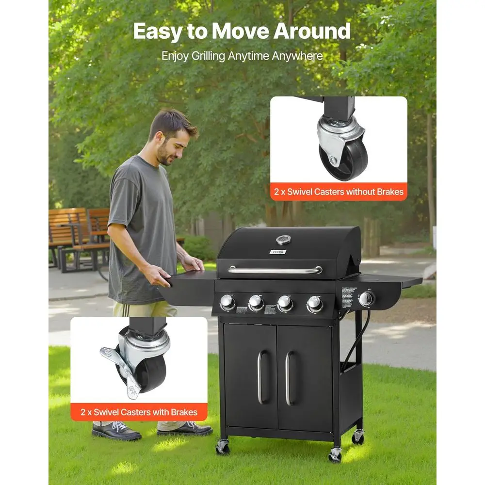 4-Burner Propane Gas Grill with Side Burner, 425 Sq. In. Cooking Area, Enamel-Coated Carbon Steel Grates, Outdoor Patio BBQ Gril