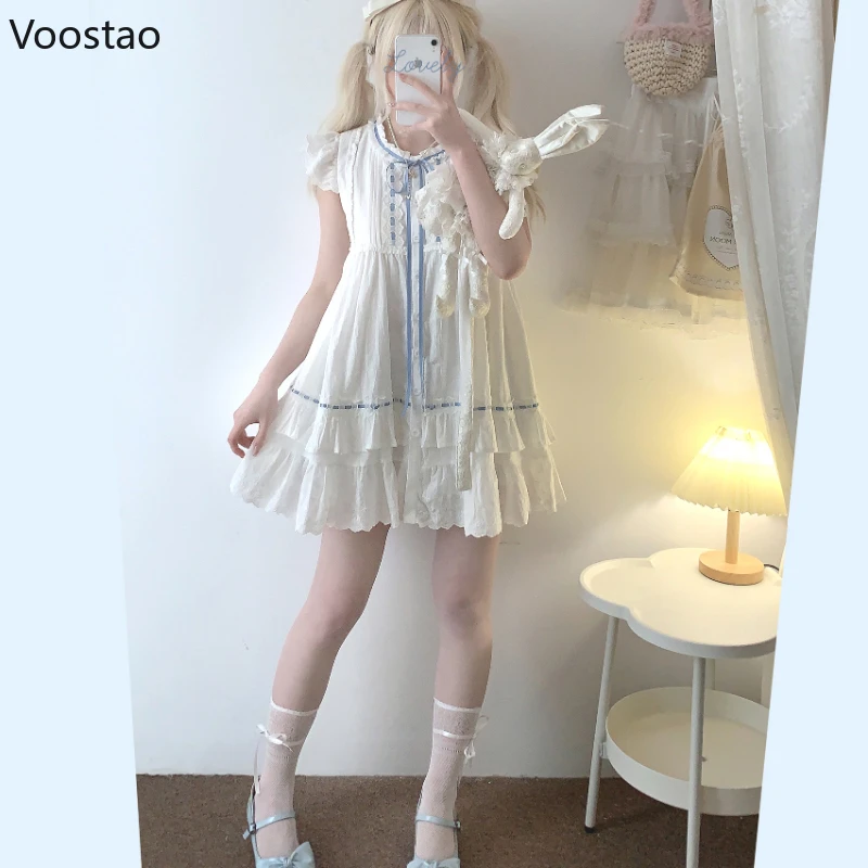 Sweet Lolita Style Mini Dress Women Japanese Kawaii Cotton Lace Ruffle Flying Sleeve White Dress Korean Elegant Princess Dresses