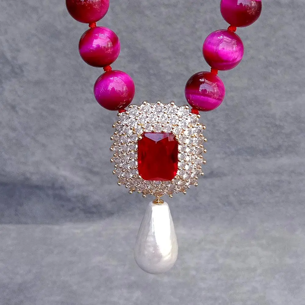 

Y.YING Fuchsia Tiger Eye Necklace Cz Pave White Shell Pearl Pendant