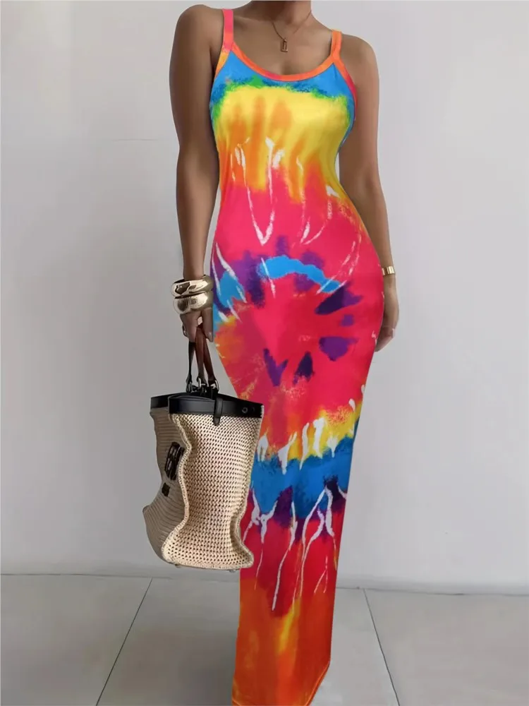 Color Tie Dye Print Spaghetti Strap Long Dresses Women Fashion Trendy Package Hip Bodycon Dress Female Streetwear Club Vestidos