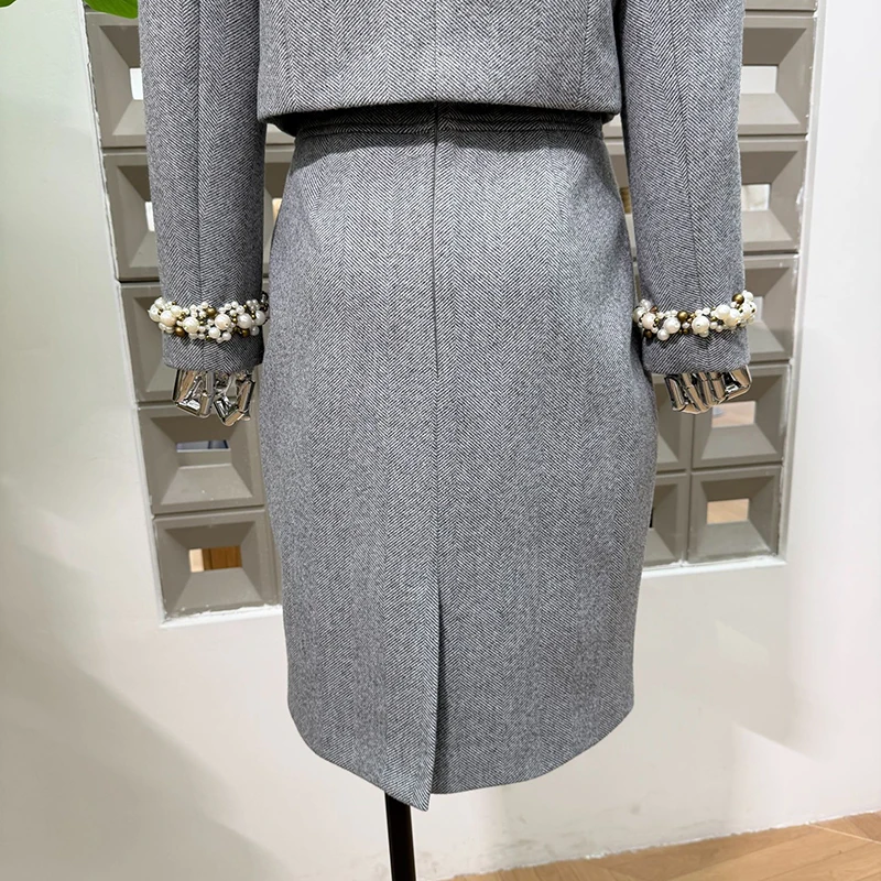 KBQ Temperament Two Piece Sets for Women Round Neck Long Sleeve Short Tops High Waist Skirt Chic Set Female Fashion Style New