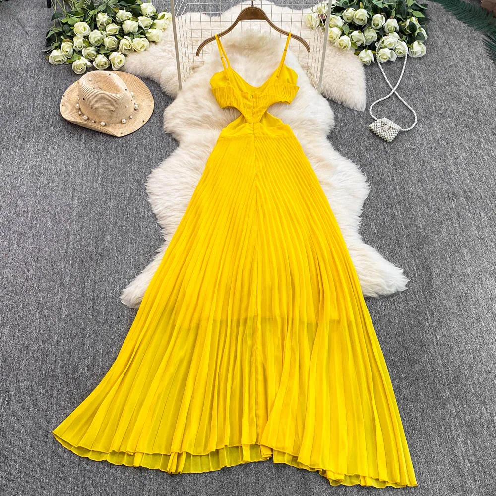 Vestido largo amarillo Tropical para vacaciones en la playa para mujer, vestido plisado de gasa con cintura hueca, vestido con vuelo fluido, vestidos bohemios para banquetes y cena