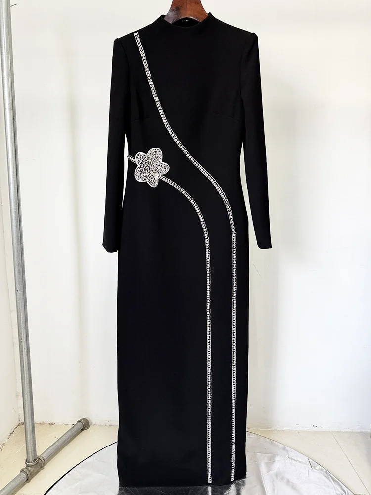 HIGH STREET Newest Fashion 2026 Designer Party Vestido Women\'s Formal Long Sleeve Diamonds Beading Long Maxi Dress