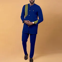 Bazin Men African Clothing for Men Suit Fashion Set Single Breasted Jacket Trousers Casual Business Attire for Wedding A2216070