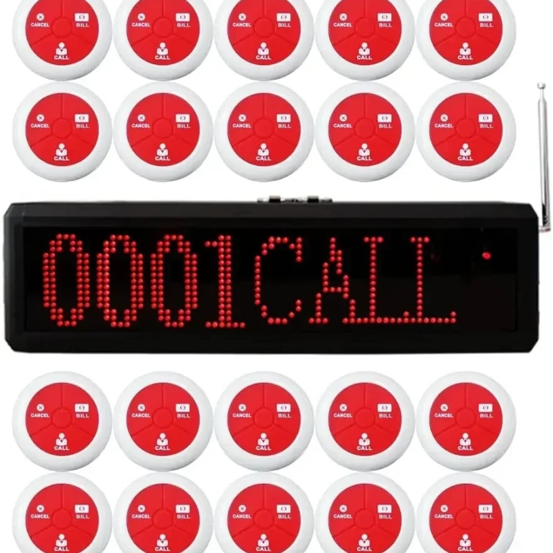 Restaurant Calling System Customers Patient Wireless Pager System with 20PCS Waterproof Call Buttons and 1PC Display Receiver