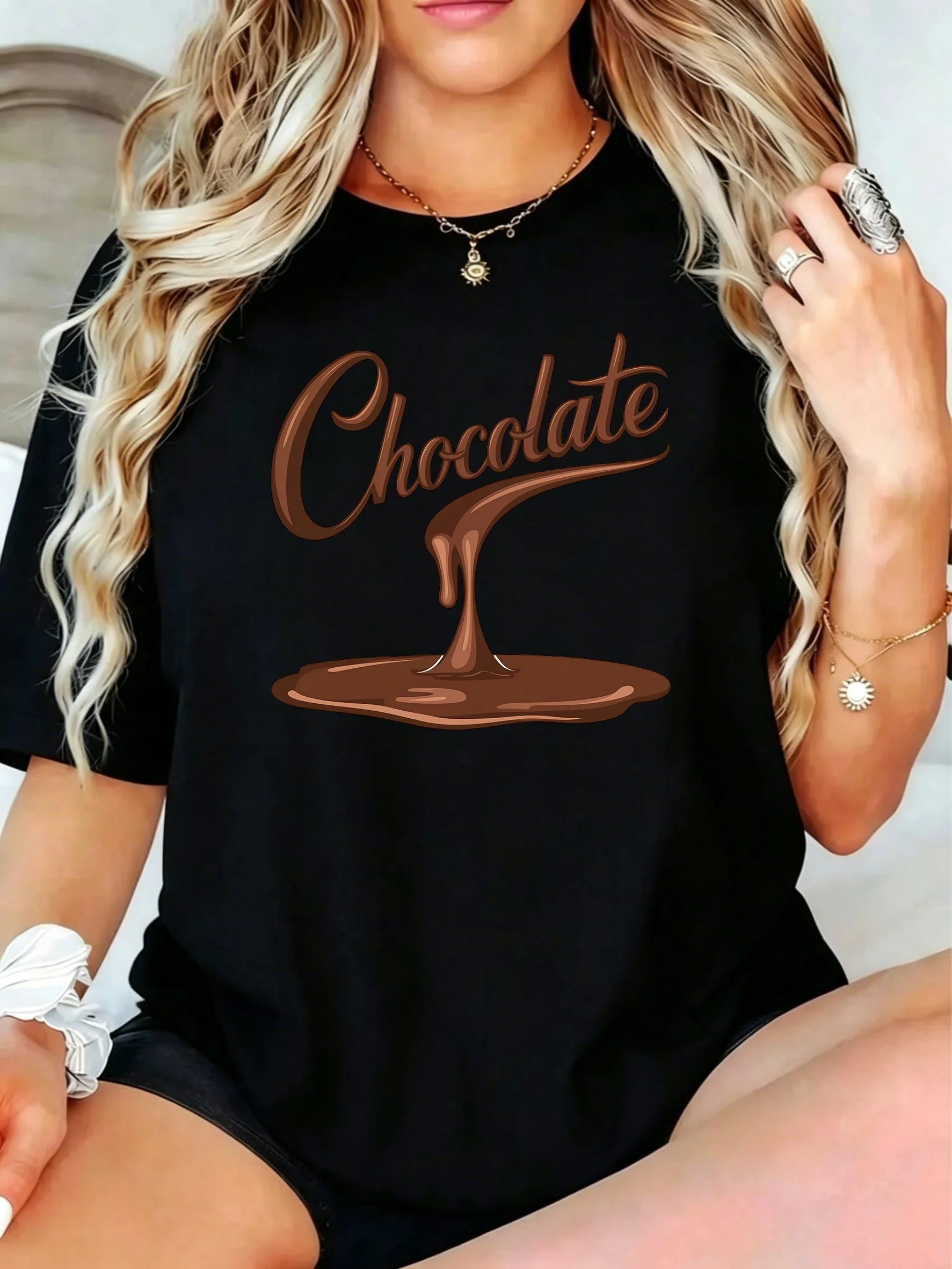 1Pcs Plus Size Women T-Shirt, Chocolate Dripping Design on Cream Shirt, Loose Type Shirt for Women