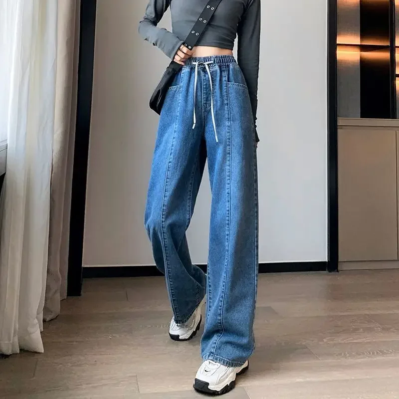 Women's Velvet Autumn Winter Straight Elastic Waist Jeans Korean Dongdaemun High Quality Clothing Pants Y2k Japanese Streetwear