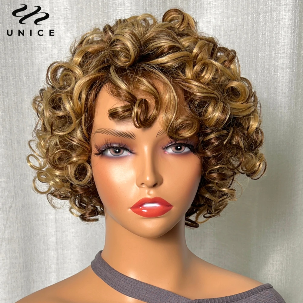 

Короткий кудрявый парик UNice Blonde Highlight из 100% натуральных волос, полностью машинной работы, с плотностью 150%