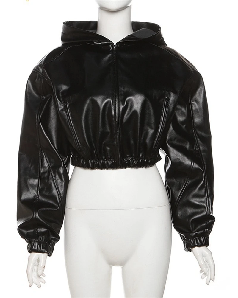 Women's Hooded Pu Leather Zipper Front Pilot Jacket Casual Black Coat Long Sleeve Short Jackets Autumn Winter Outwear