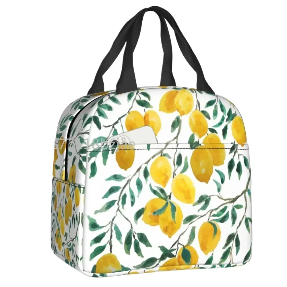 Watercolor Yellow Lemon Pattern Resuable Lunch Boxes Leakproof Summer Botanical Art Cooler Thermal Food Insulated Lunch Bag Work