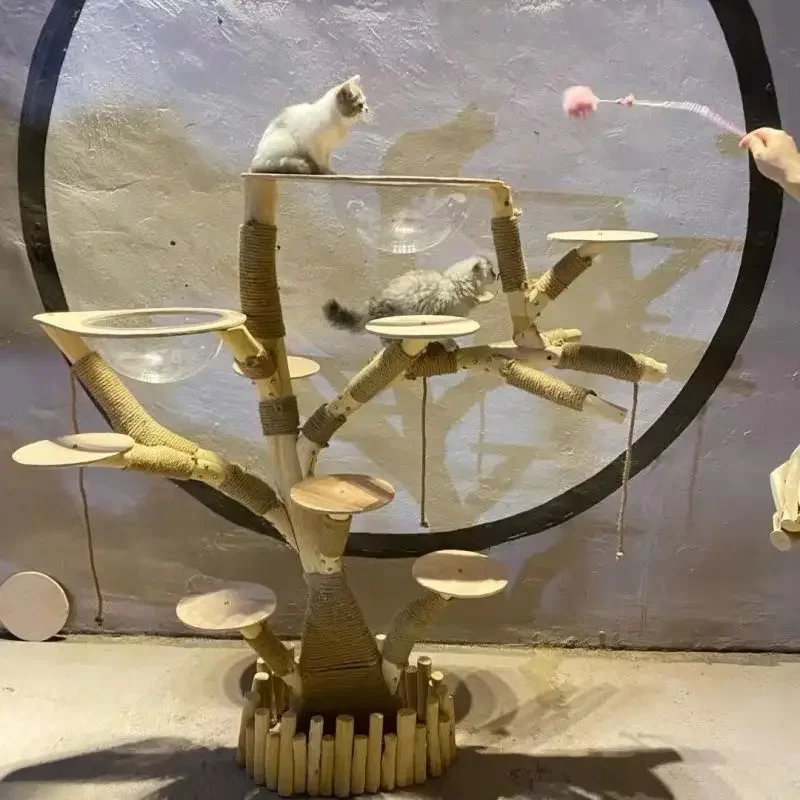 Solid Wooden Cat Bed of The Cat Climbing Frame Integrates Toy Scrapers That Are Wear-resistant and Hemp Rope Tracks