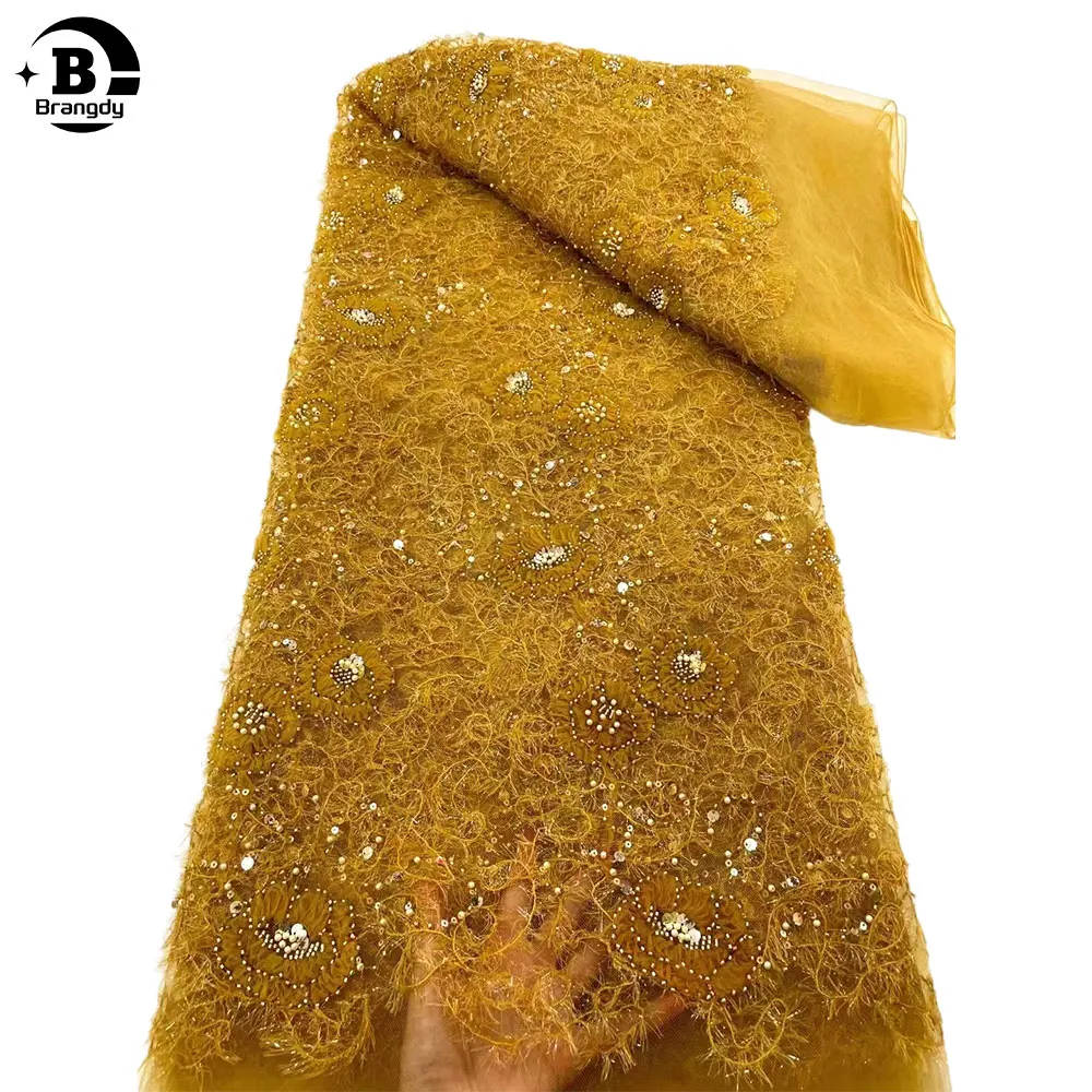 

2024 Latest French 3D Beaded Tulle Lace Fabric High Quality African Net Lace Fabrics With Sequins For Evening Dresses W45018