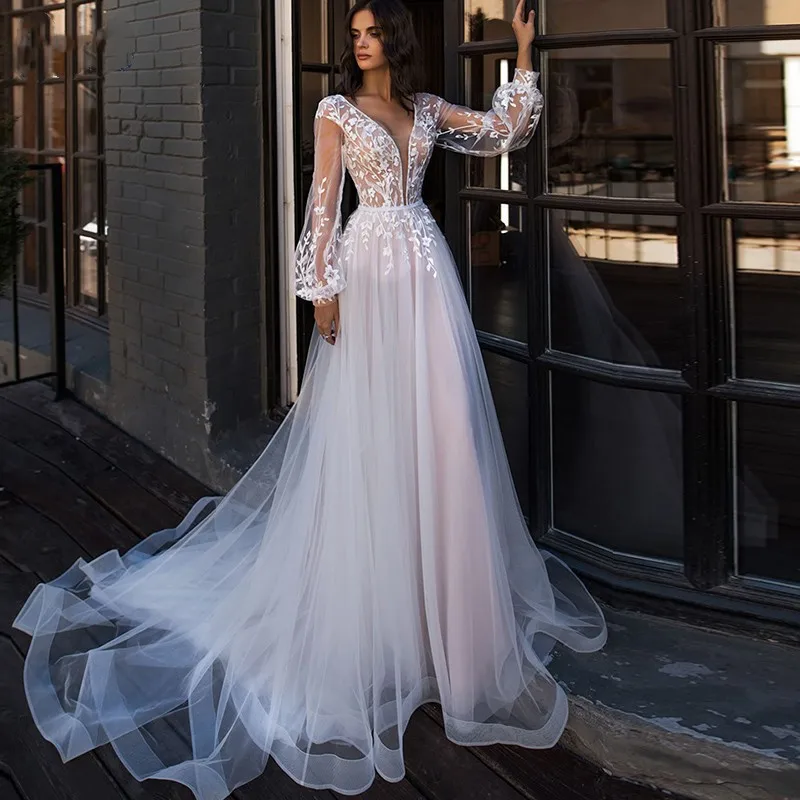 

Beach Lantern Long Sleeves Wedding Dress Sexy Deep V Neck Lace Appliques Tulle Floor Length Vestido De Novia Bridal Bride Gowns