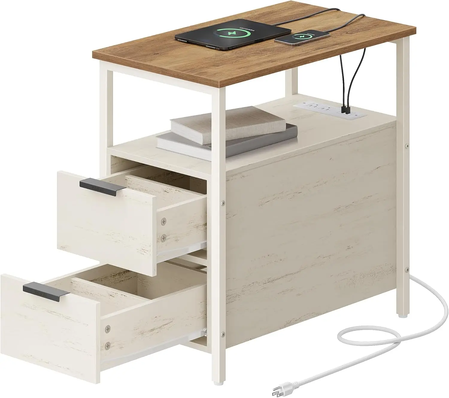 

Side End Table with Charging Station, Slim Nightstand with 2 Drawers, Narrow Bedside Table for Living Room, Small Spaces, Hon