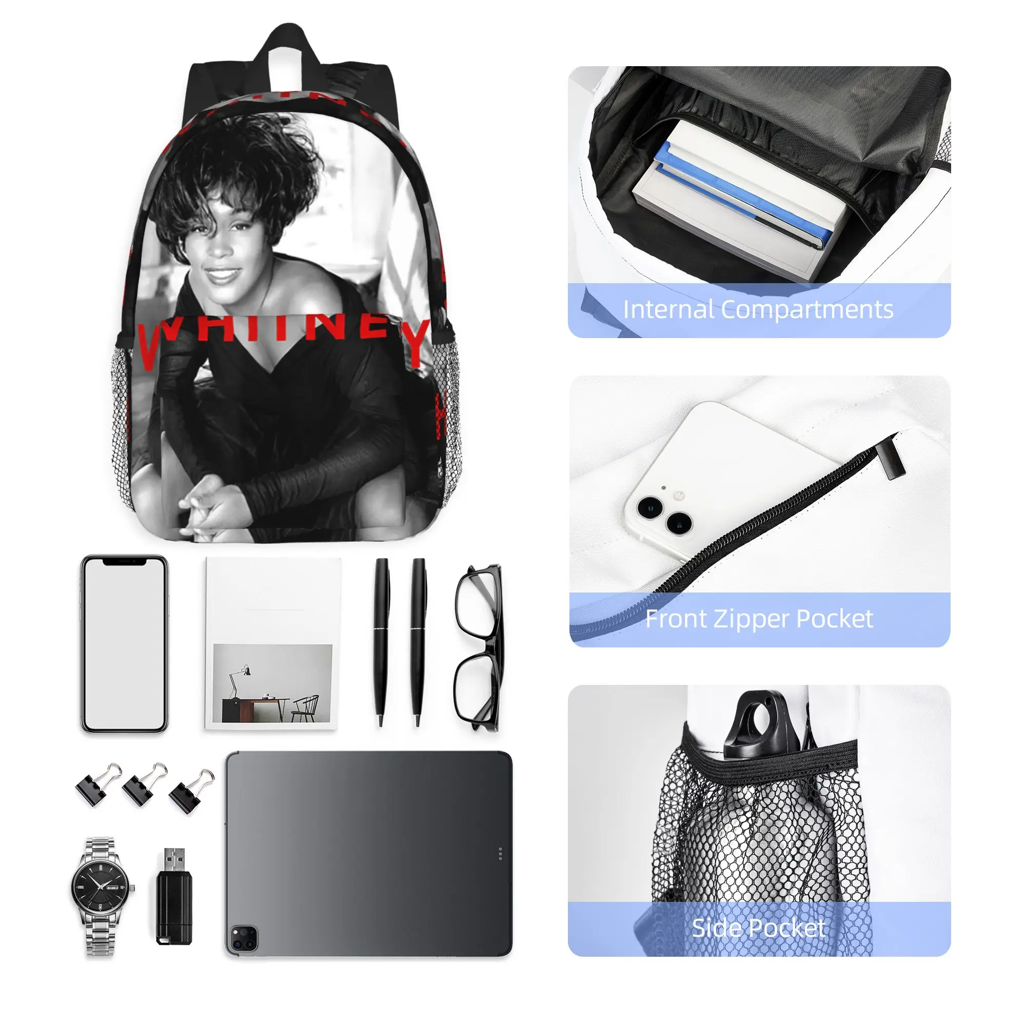 Whitney Houston Inspired Backpack Hot Sale Daypack Large Capacity Boys Girls BookBag Shoulder Bags for Men Women School Bag