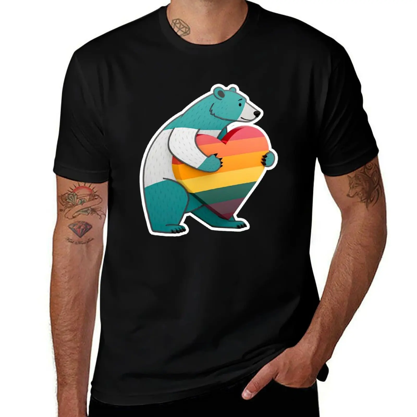 

Bear holding a heart with color of bear pride flag T-Shirt plus sizes Anime t-shirt tops cotton man t-shirts t shirt men