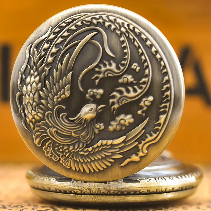 빈티지 청동 고대 중국 신화 피닉스 조각 석영 포켓 시계 목걸이, 남녀 학생용 클램셸 선물