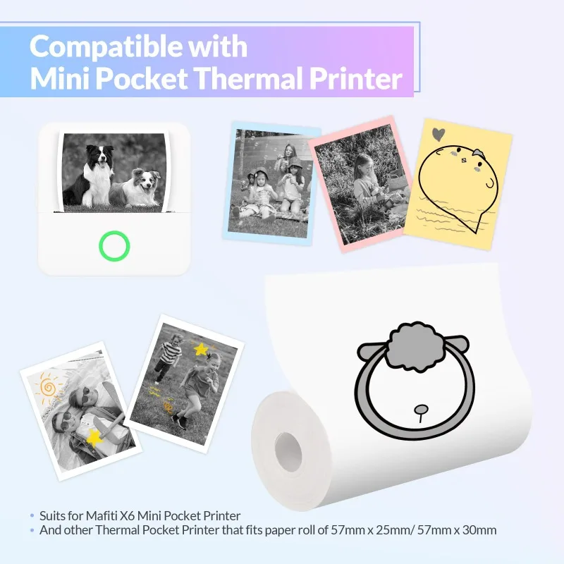 Thermal Printer Paper Adhesive 57X25mm Mini Printing Paper Rolls Printable Stickers White/Pink/Yellow/Blue/Transparent Stickers