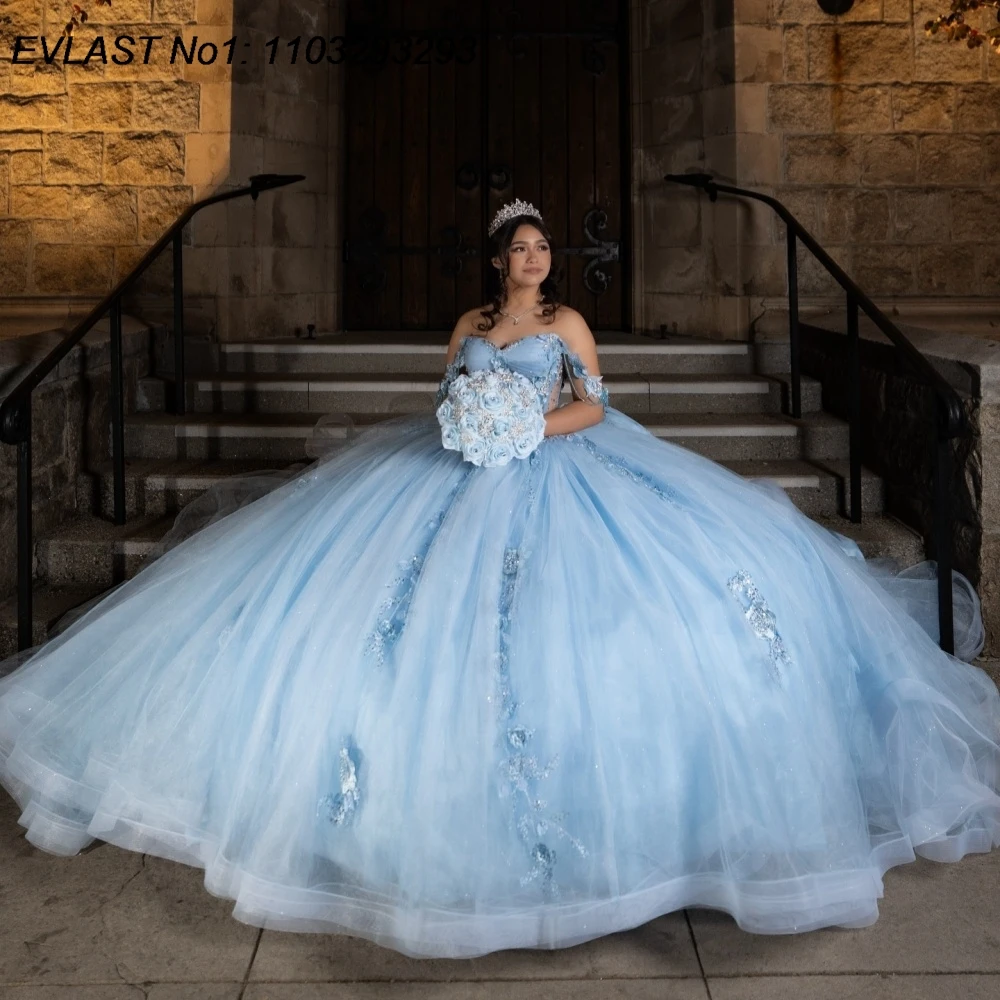 EVLAST Customized Shiny Sky Blue Ball Gown Quinceanera Dress Lace Applique Beading Corset Sweet 16 Vestidos De 15 Anos E1QN391