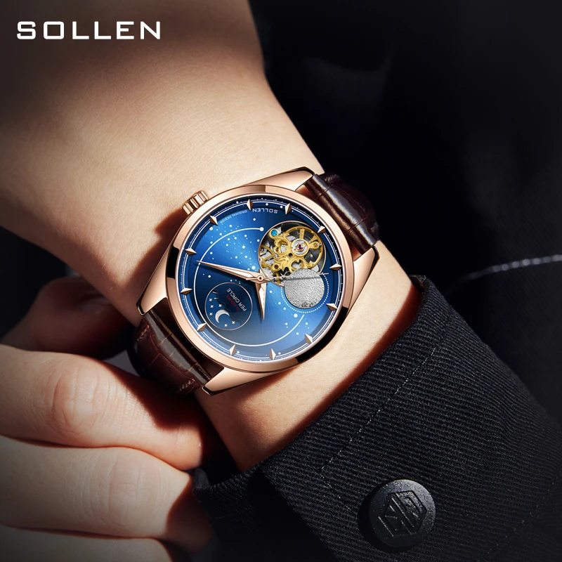 SOLLEN Men's Watch Star Moon Design Concept Fashion Business Belt Fully Automatic Mechanical Watch