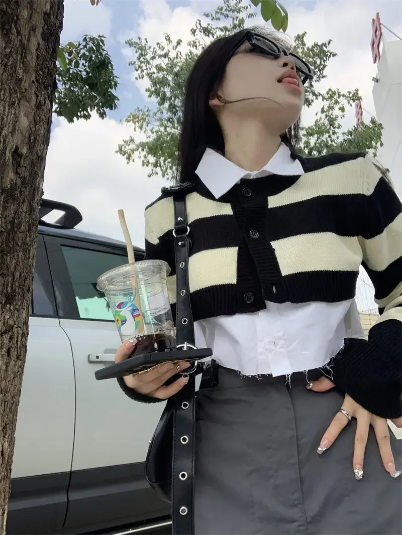 

Комплекты женские винтажные осенние шикарные женские полосатые кардиганы универсальные в консервативном стиле мягкие трикотажные рубашки для школьниц Harajuku