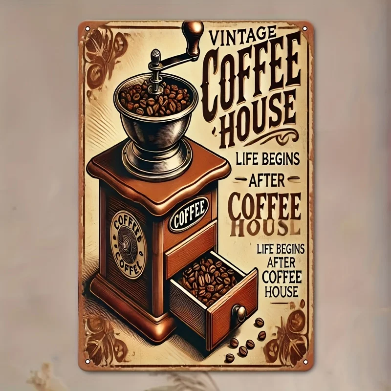 2D Flat - Retro Metal Wall Art Sign for Coffee Houses - Rustic Iron Decoration Featuring a Classic Coffee Grinder Design And The