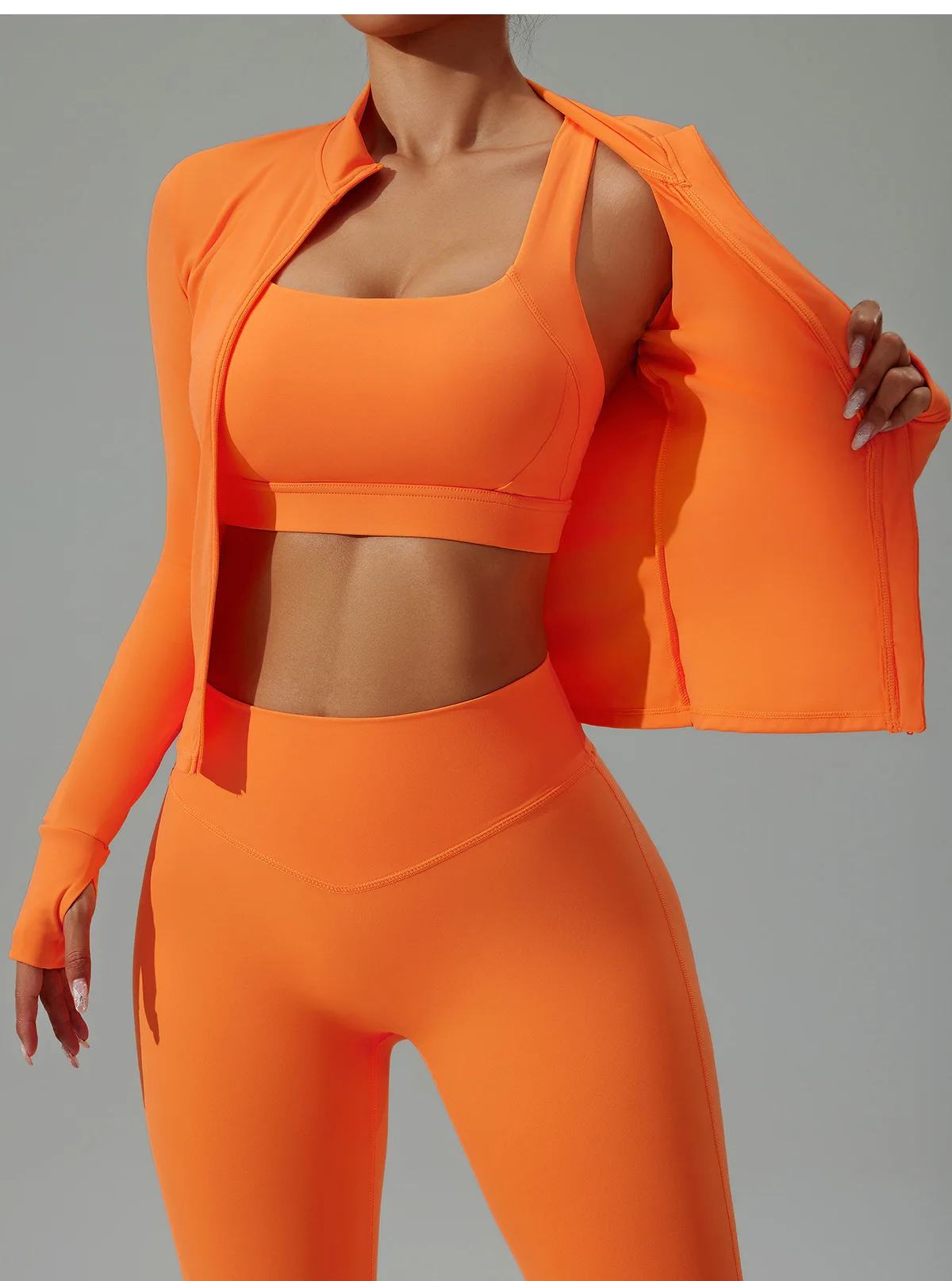3-teiliges Damen-Fitness-Sportbekleidungs-Set, schnelltrocknend, atmungsaktiv, Langarm-Cardigan, Sport-BH, High-Waist-Leggings, Yoga-Workout-Trainingsanzug – Detail 19