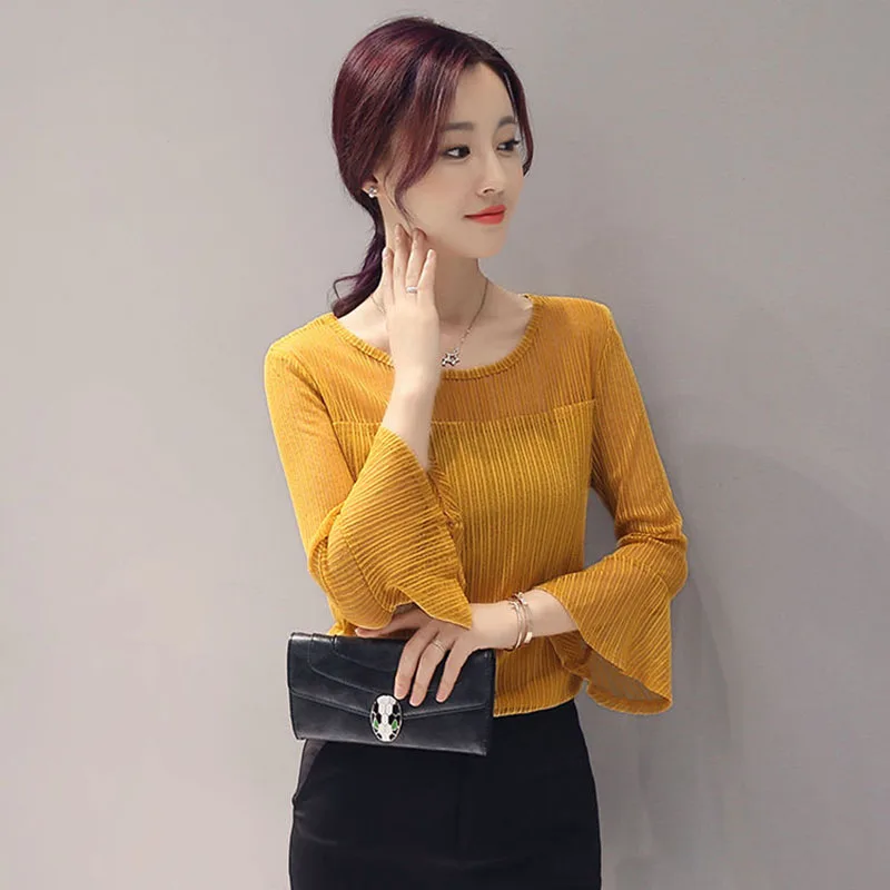 Elegant O-Neck Gauze Hollow Out Lace Flare Sleeve Blouse Women\'s Clothing 2023 Summer New Oversized Casual Pullovers Sweet Shirt